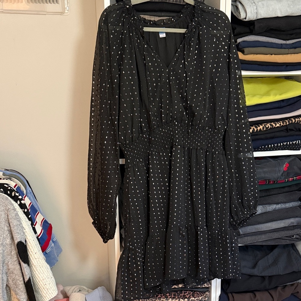 Old Navy Black Long Sleeve Smocked Waist Dress with Silver Dot Print